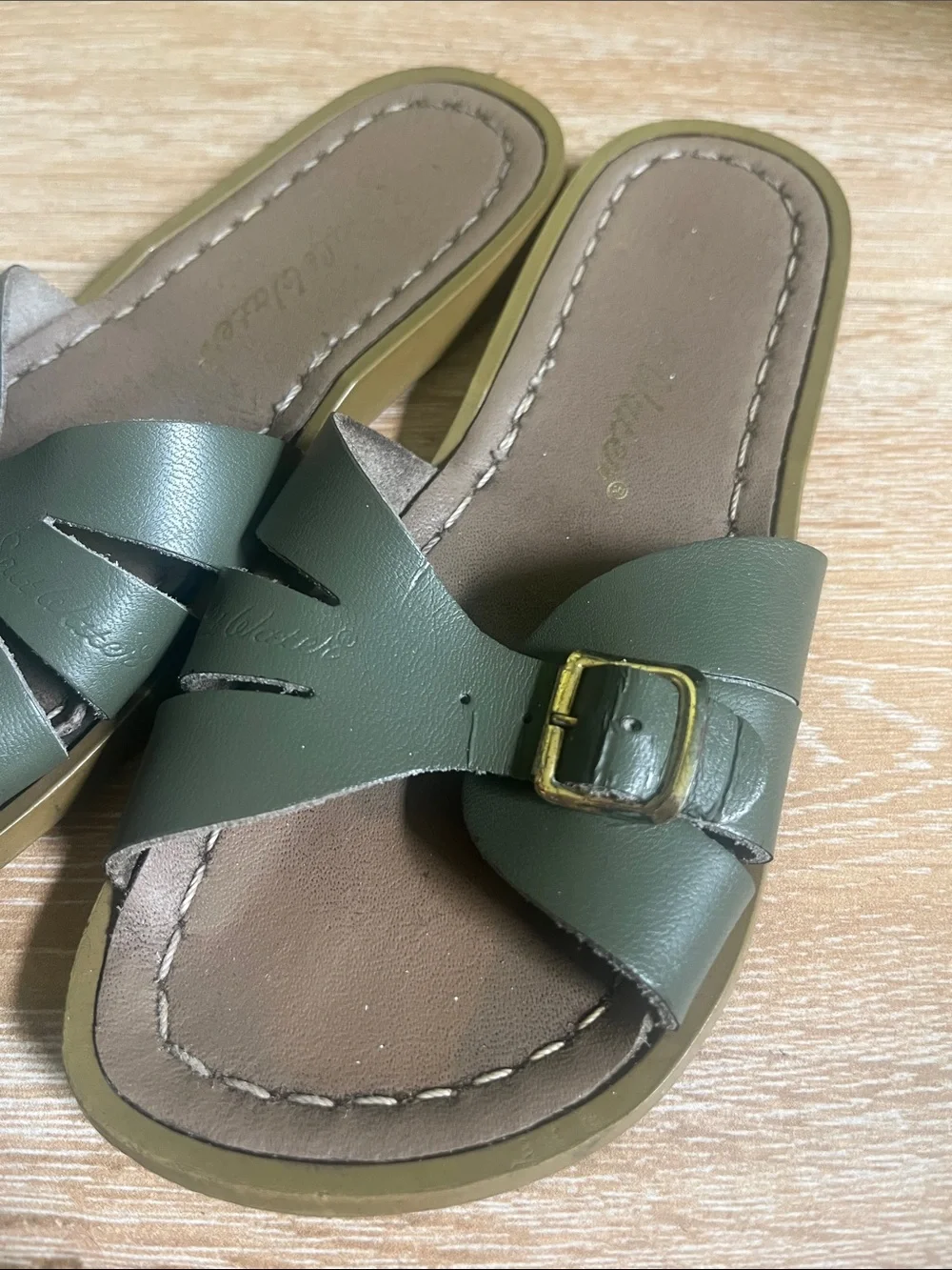 Salt Water Sandals by Hoy Olive Green Kids Slide Sandals with Gold Buckles